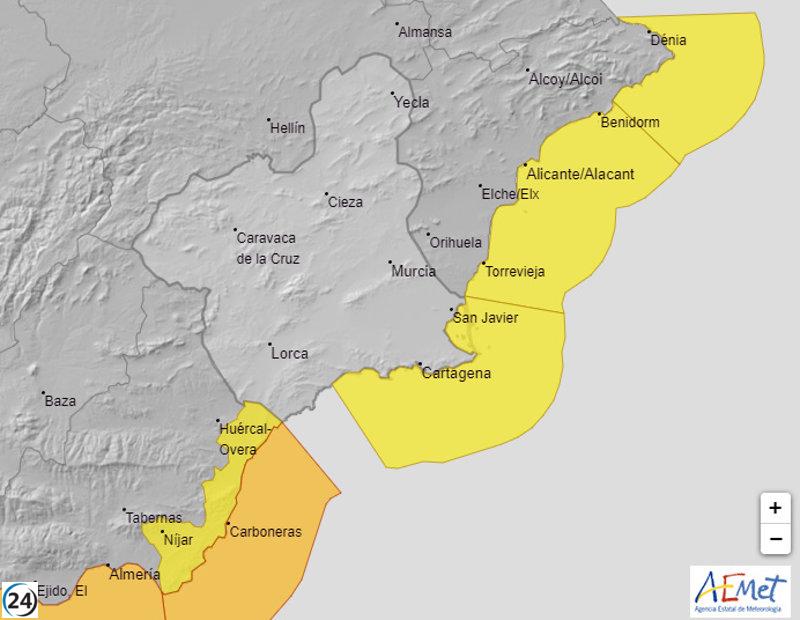 Alerta amarilla por fenómenos costeros en el litoral de Cartagena y Mazarrón este jueves.