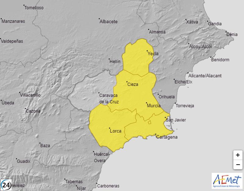 Alerta meteorológica por tormentas en varias zonas de la Región de Murcia, según Aemet.