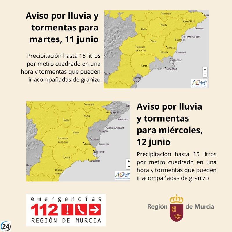 Aviso amarillo por lluvia y tormentas en toda la Región, excepto en Campo de Cartagena según Aemet.