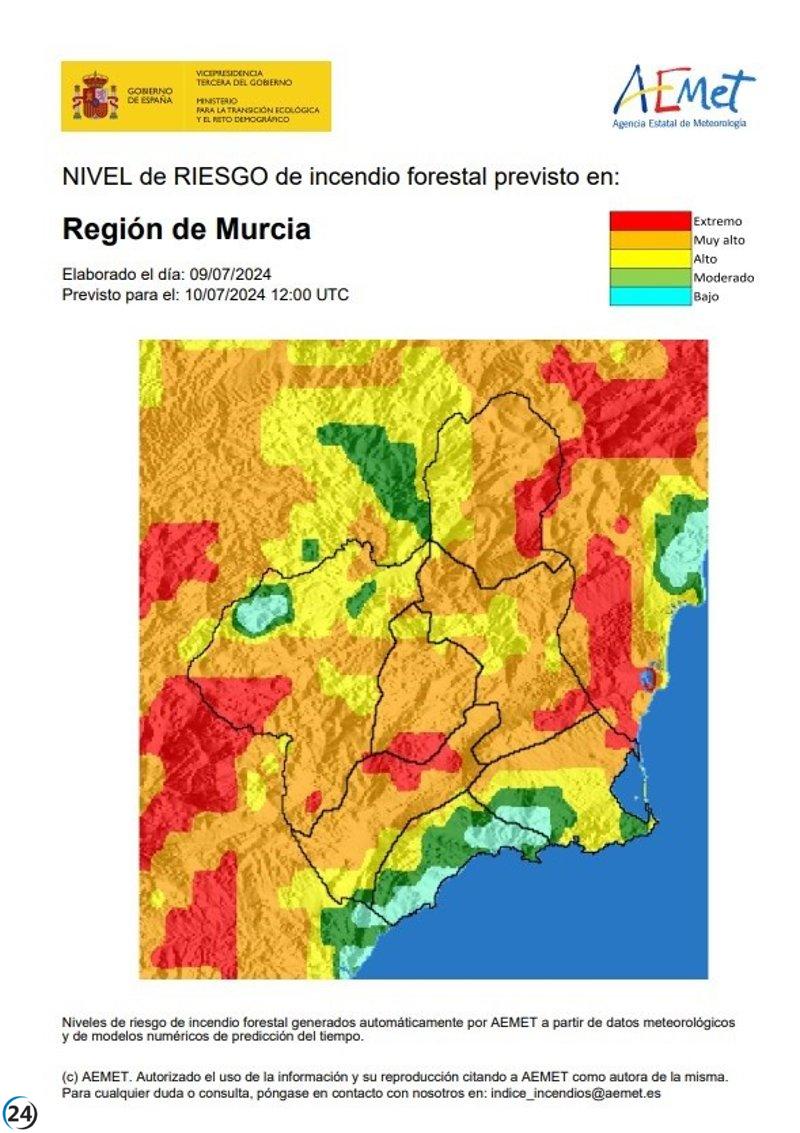 Alerta de alto riesgo de incendios forestales en la Región de Murcia.
