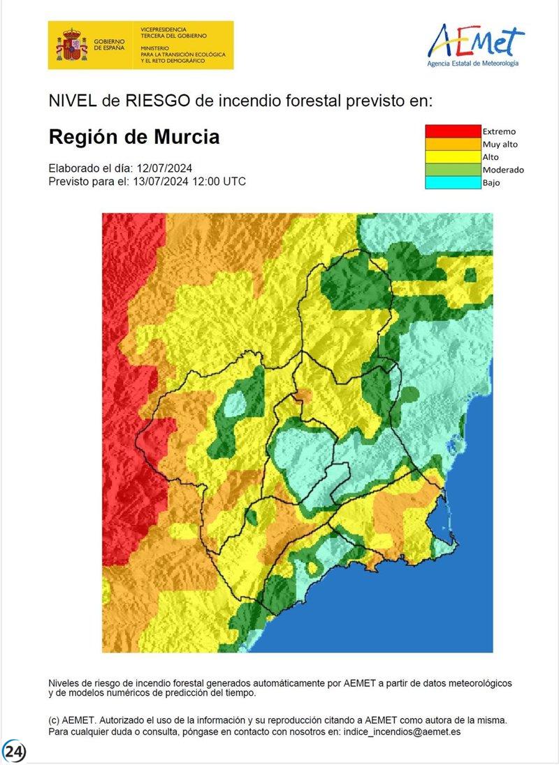 Alto riesgo de incendios forestales en la Región de Murcia este sábado