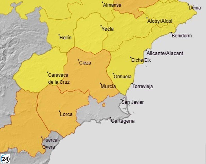 Alerta naranja por tormentas y lluvias en la Vega del Segura y el Guadalentín este jueves.