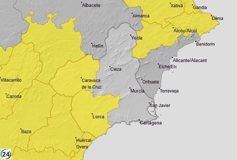 Alerta amarilla por lluvias y tormentas en el Noroeste y el Valle del Guadalentín, incluyendo Lorca y Águilas, este miércoles.