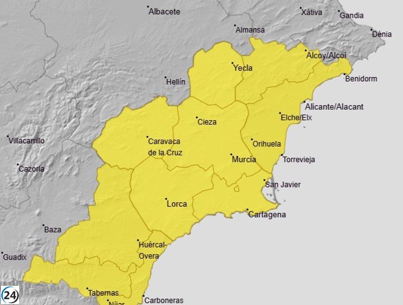 Murcia en alerta amarilla por lluvias y tormentas este jueves.