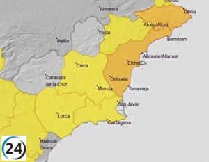 Aemet extiende alerta amarilla por lluvias en Vega del Segura, Guadalentín y Cartagena hasta las seis de la tarde.