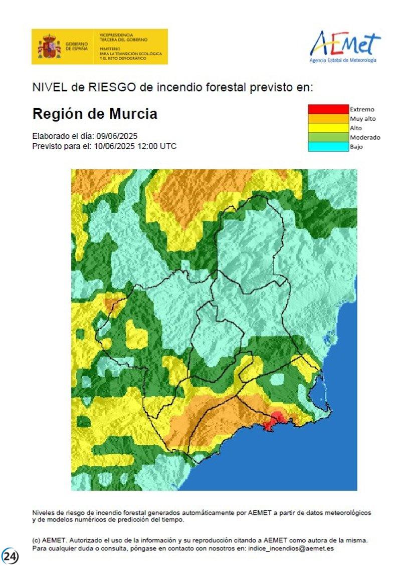 Alerta de alto riesgo de incendios forestales en el litoral y el Guadalentín este martes.