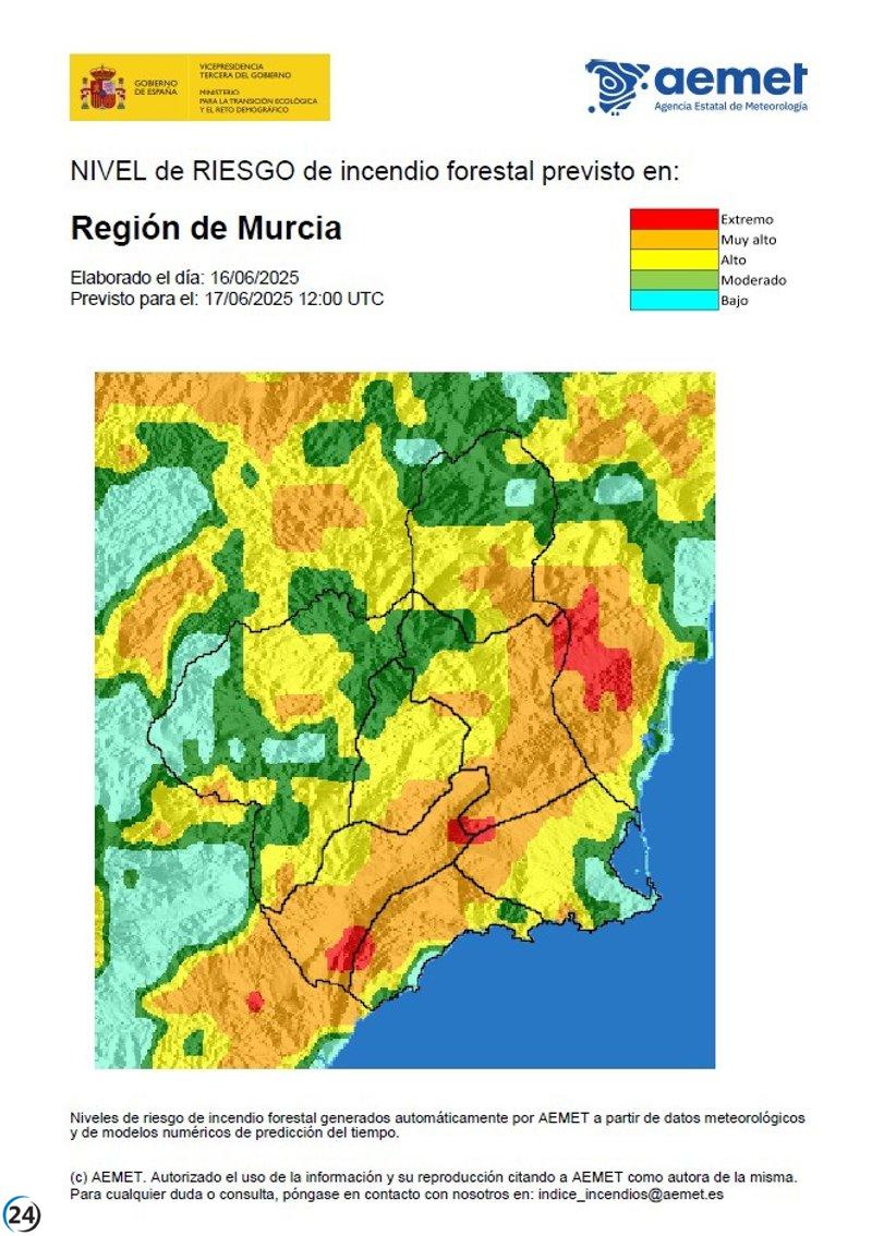 Alerta máxima por incendios forestales en Guadalentín y la costa oeste de Murcia.