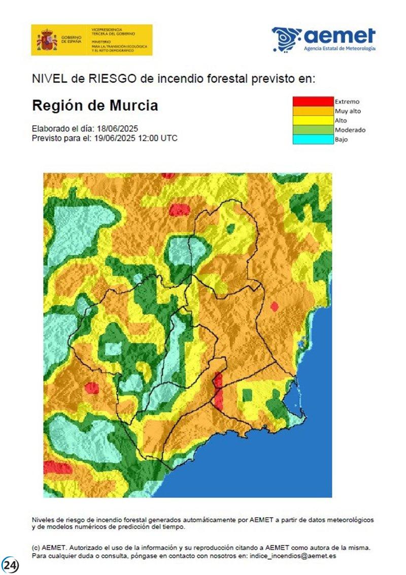 Alerta máxima por riesgo de incendios en la costa oeste y Vega Alta-Ricote-Murcia este jueves.