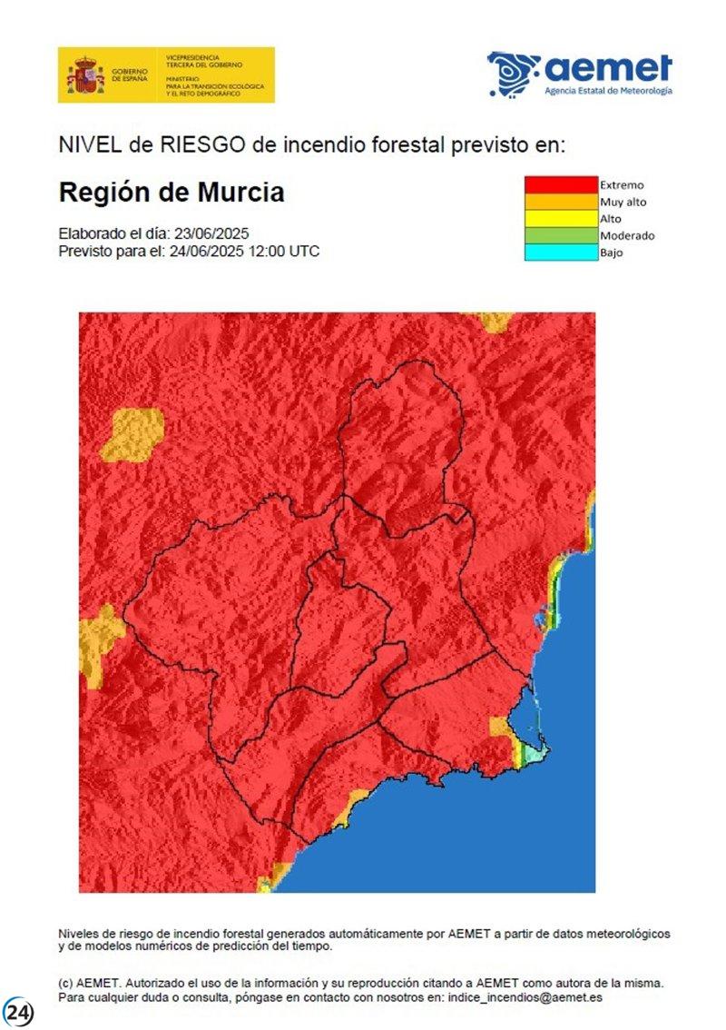Alerta máxima por incendios forestales en la Región de Murcia.