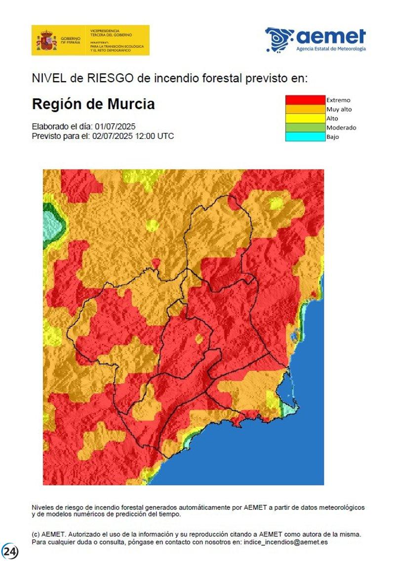 Alerta máxima: riesgo de incendios forestales en la Región de Murcia.