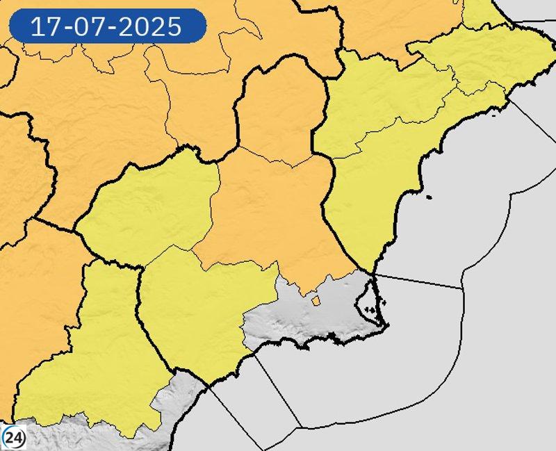 Aemet emite alerta naranja por calor extremo en Altiplano y Vega del Segura.