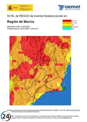 Alerta máxima por riesgo de incendios en el Noroeste y alto en el resto de la región este martes.