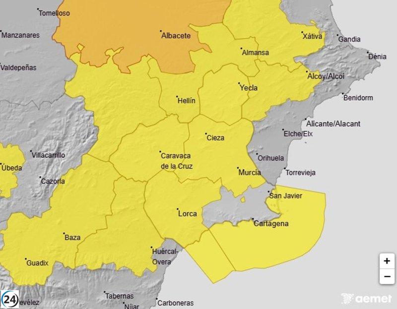 Alerta amarilla por tormentas y lluvia en Murcia este jueves.