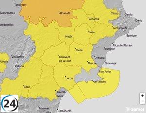 Alerta amarilla por tormentas y lluvia en Murcia este jueves.