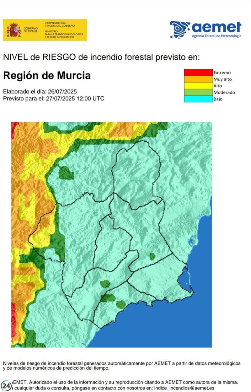 Bajo riesgo de incendios forestales en la Región de Murcia este domingo.
