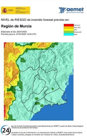 Bajo riesgo de incendios forestales en la Región de Murcia este domingo.