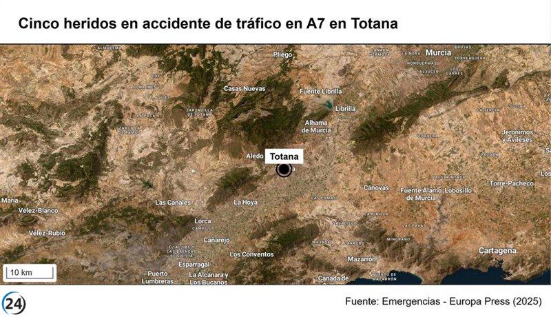 Cinco personas lesionadas tras colisión entre coche y grúa en Totana.