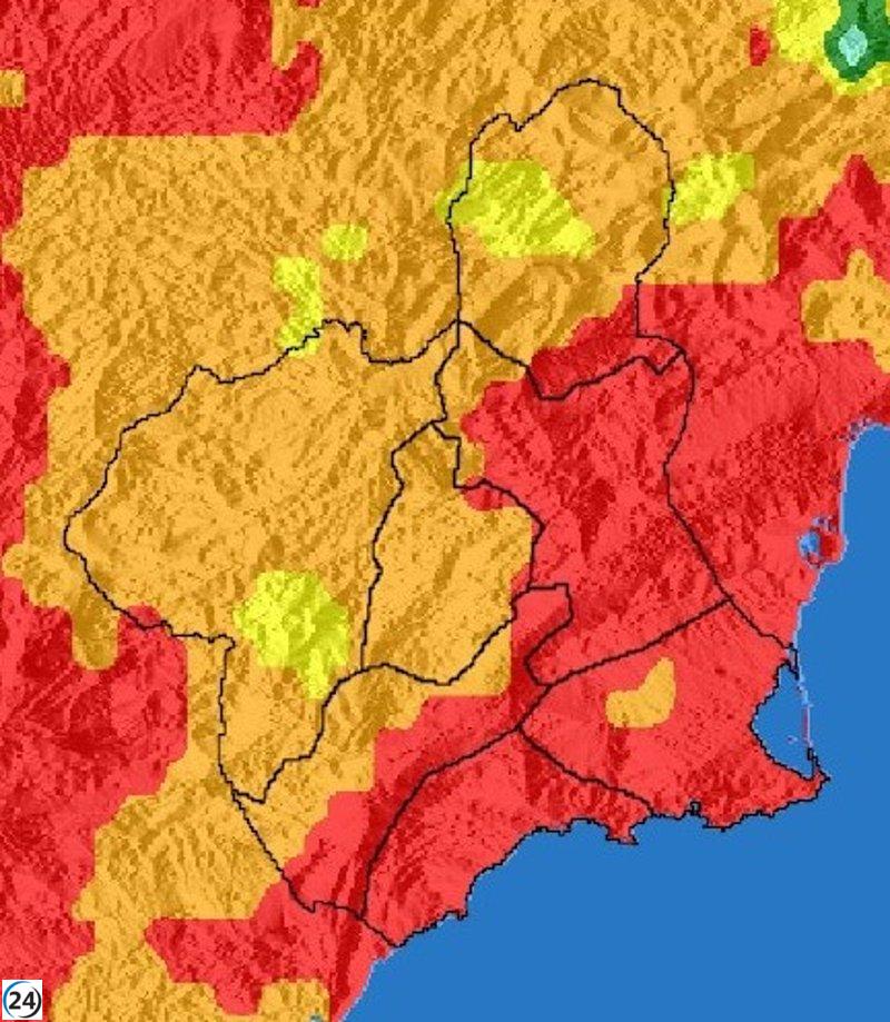 Alerta máxima por riesgo de incendio forestal en Guadalentín, litoral y Vega Alta este viernes.