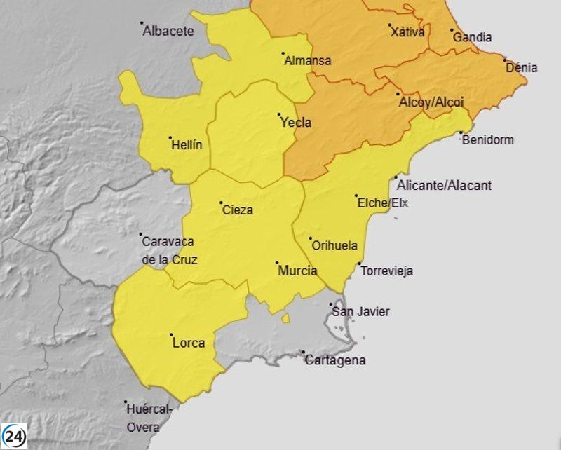 Aemet persiste con alertas amarillas por lluvias y tormentas en el Altiplano y Valle del Guadalentín.