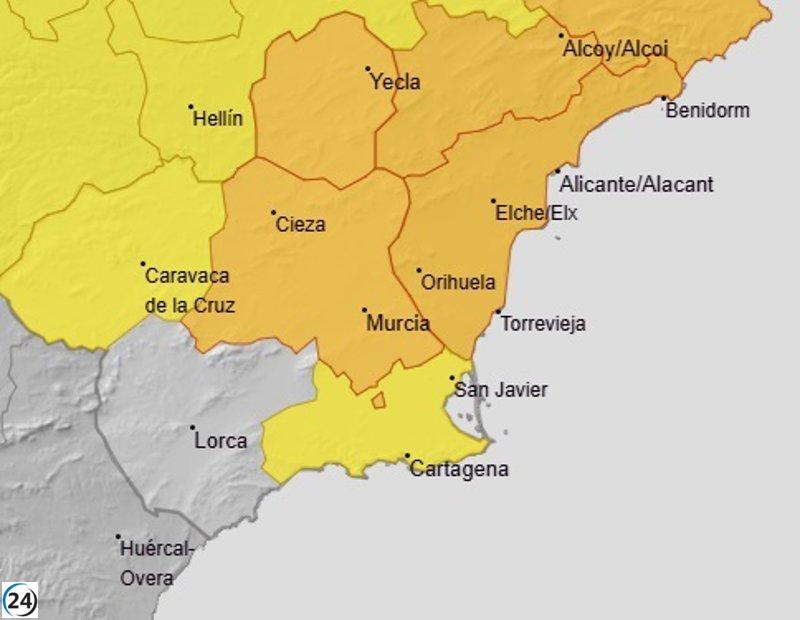 Alerta naranja por lluvias y tormentas en el Altiplano y la Vega del Segura este martes.