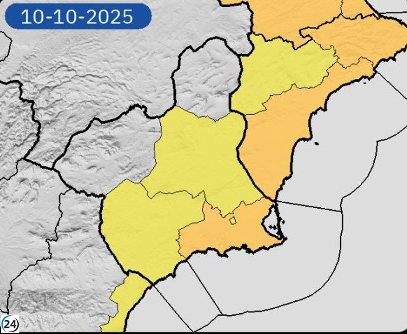 Aemet emite alertas amarillas y naranjas por lluvias y tormentas en diversas áreas de la región este viernes.