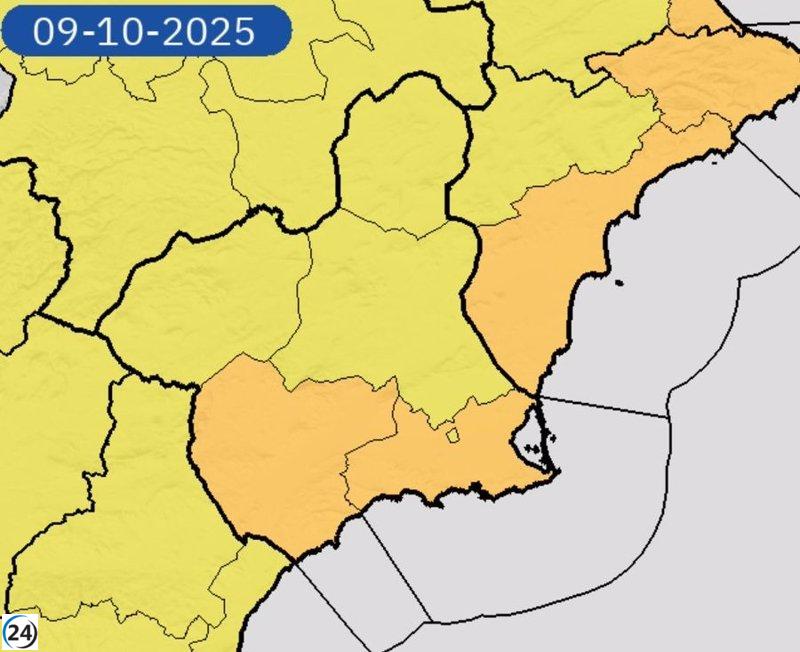 La Aemet emite alerta naranja por lluvias en el Valle del Guadalentín, Lorca y Águilas esta tarde.