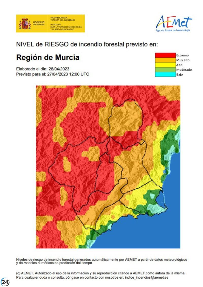 Previsto nivel extremo/muy alto de incendios forestales en el interior de la Región.