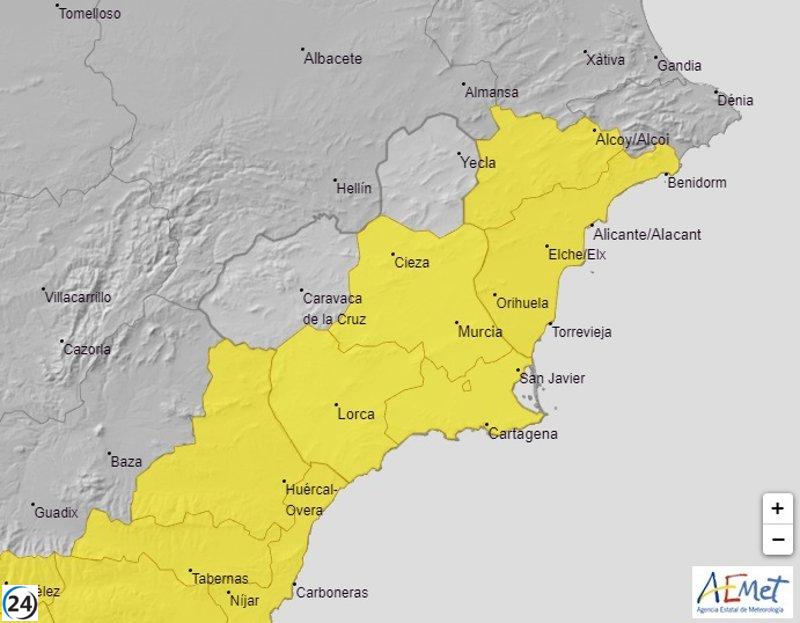 Tormentas en Vega del Segura, Guadalentín y Campo de Cartagena según Meteorología este viernes.
